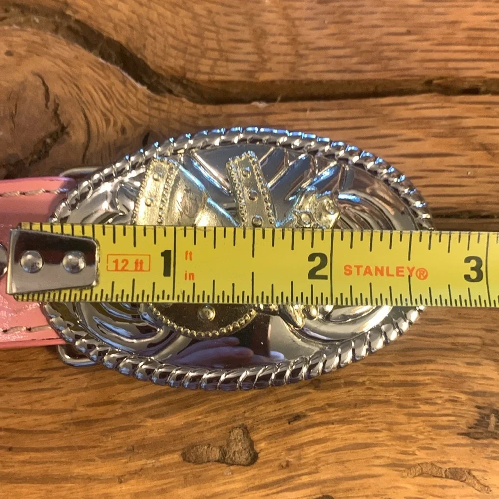 NOCONA PINK TOOLED LEATHER COWGIRL BELT WITH HORSE AND HORSESHOE BUCKLE